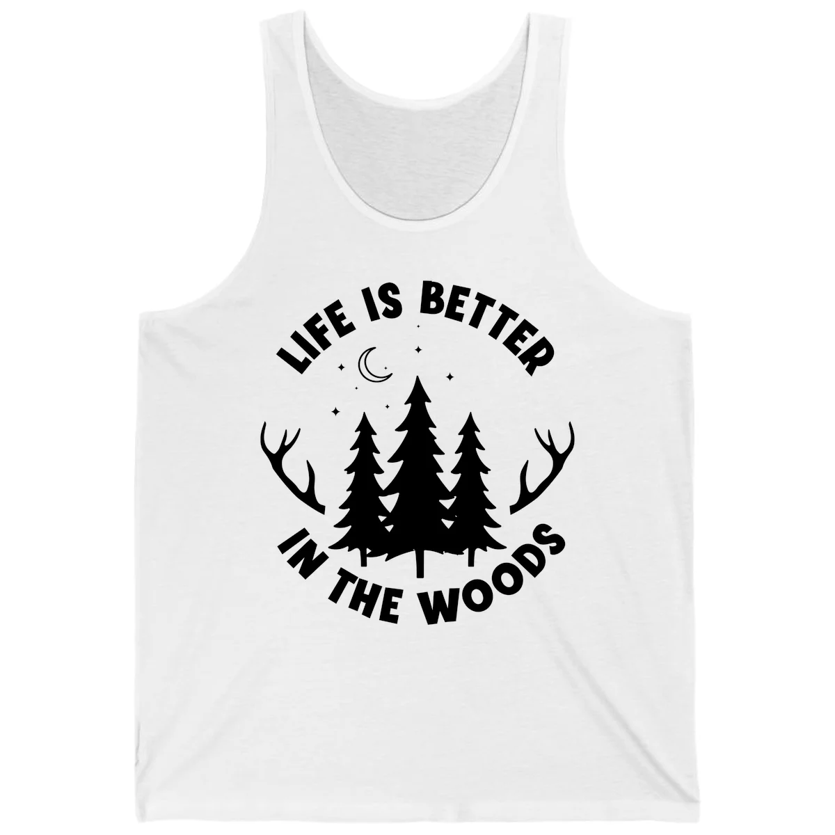 Life is better in the woods design with pine trees, deer antlers, moon and stars on gray background in White