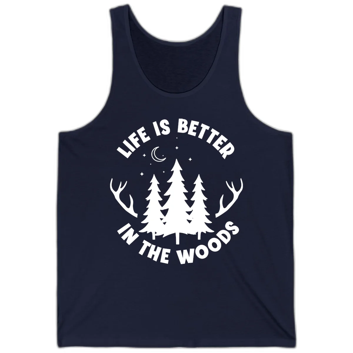 Life is better in the woods design with pine trees, deer antlers, moon and stars on gray background in Navy
