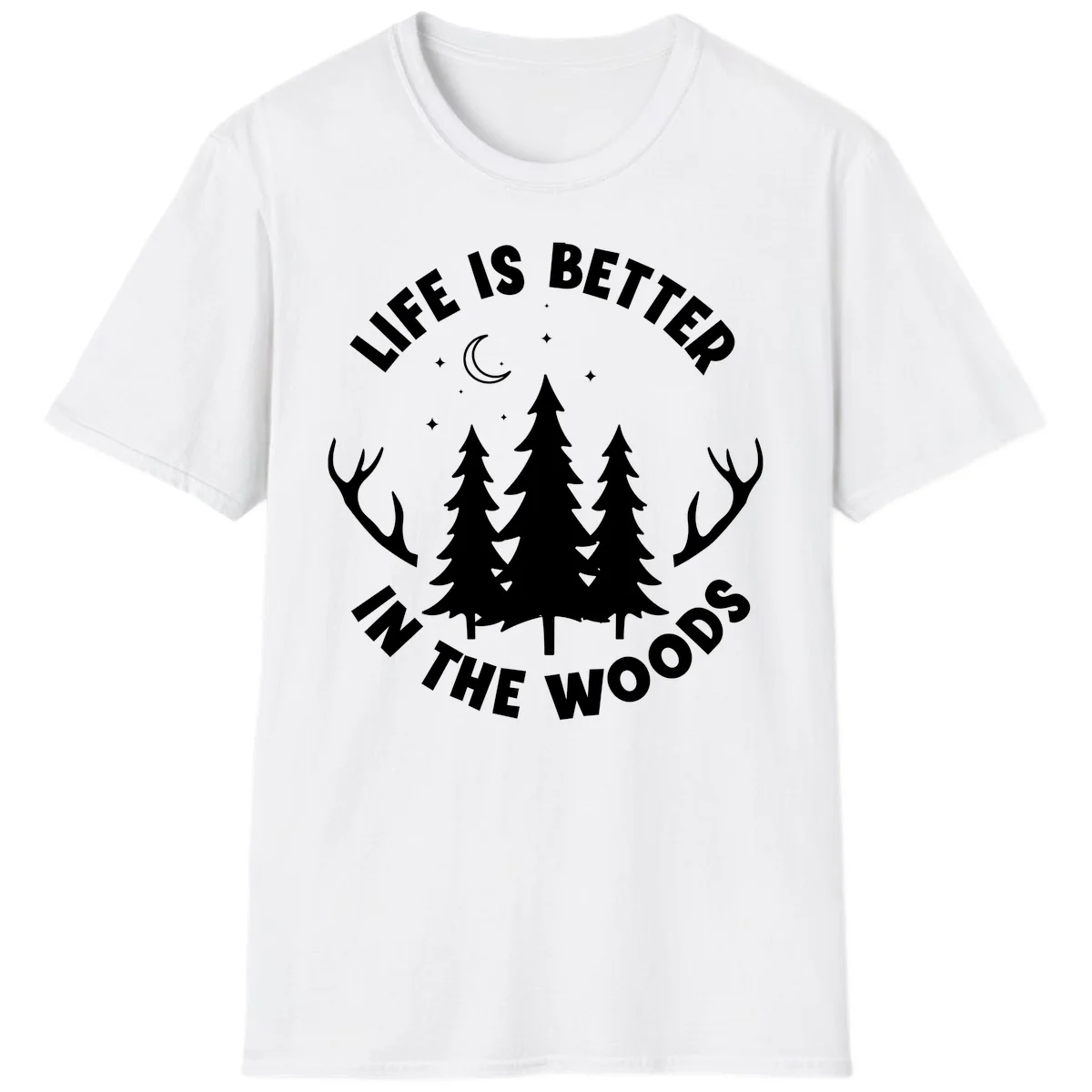 Life is better in the woods design with pine trees, deer antlers, moon and stars on gray background in White