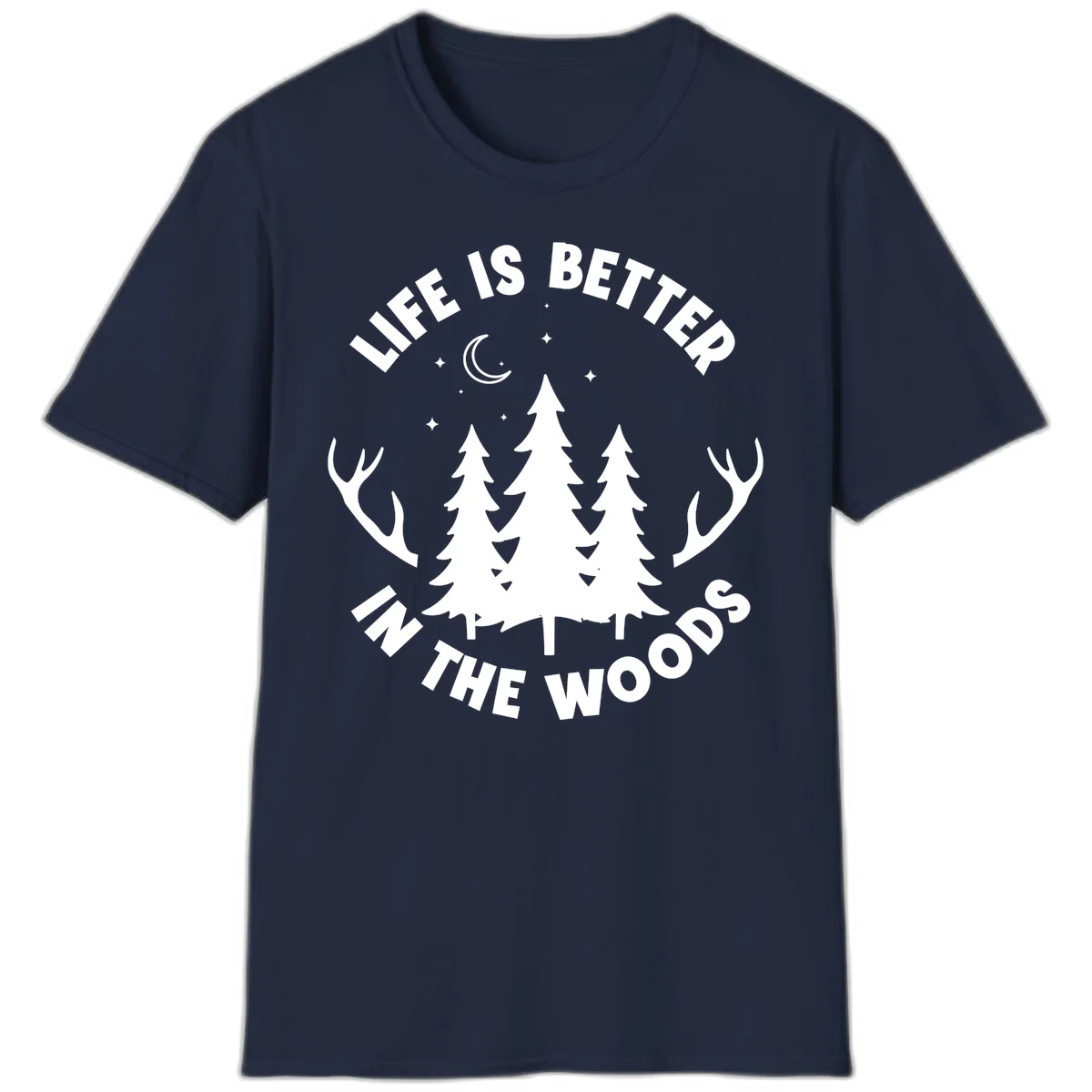 Life is better in the woods design with pine trees, deer antlers, moon and stars on gray background in Navy