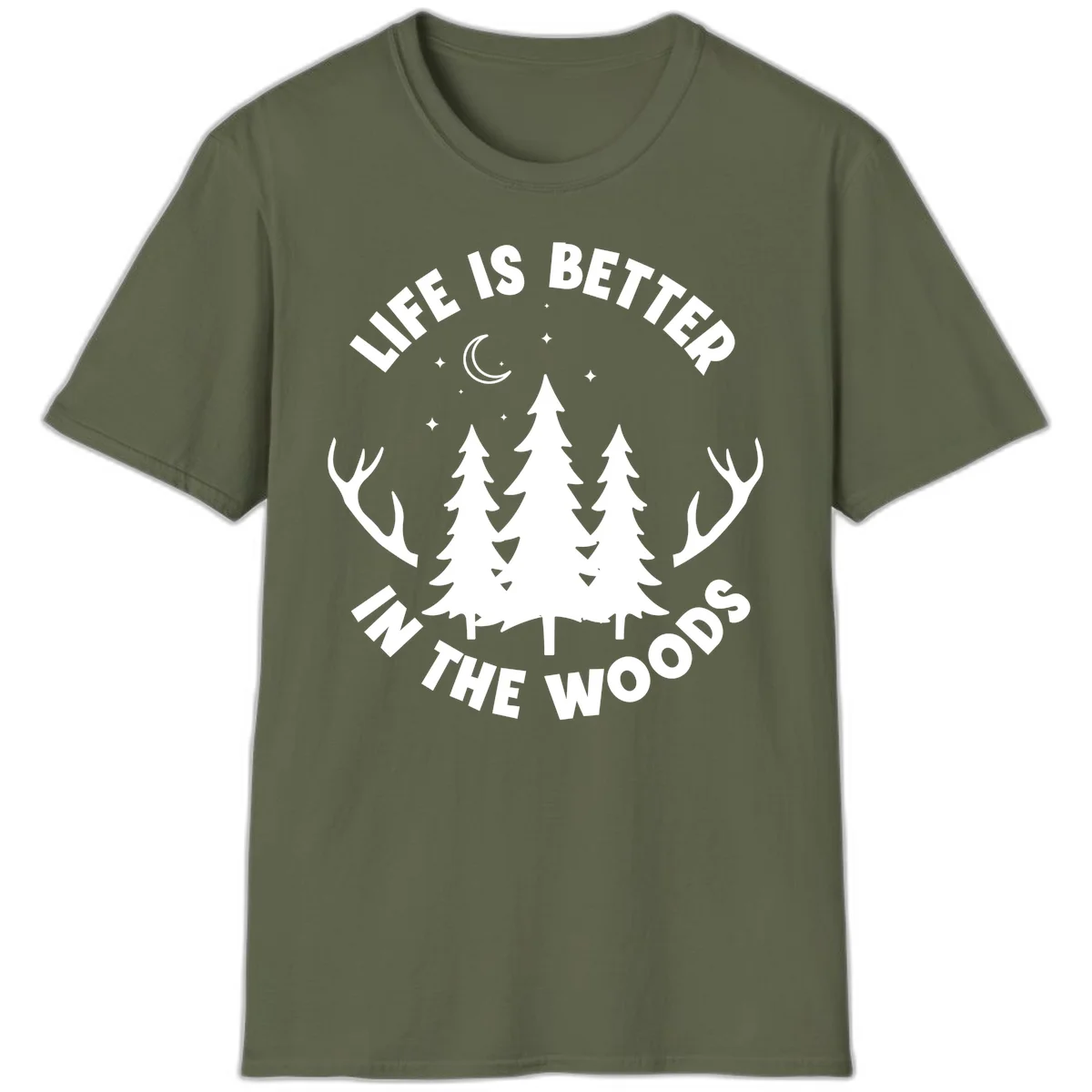 Life is better in the woods design with pine trees, deer antlers, moon and stars on gray background in Military Green