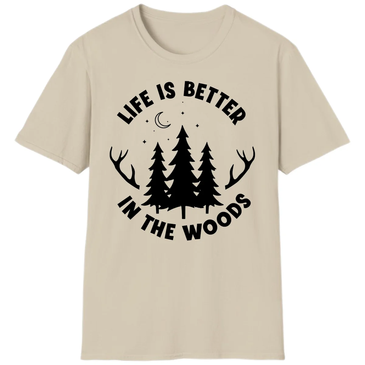 Life is better in the woods design with pine trees, deer antlers, moon and stars on gray background in Sand