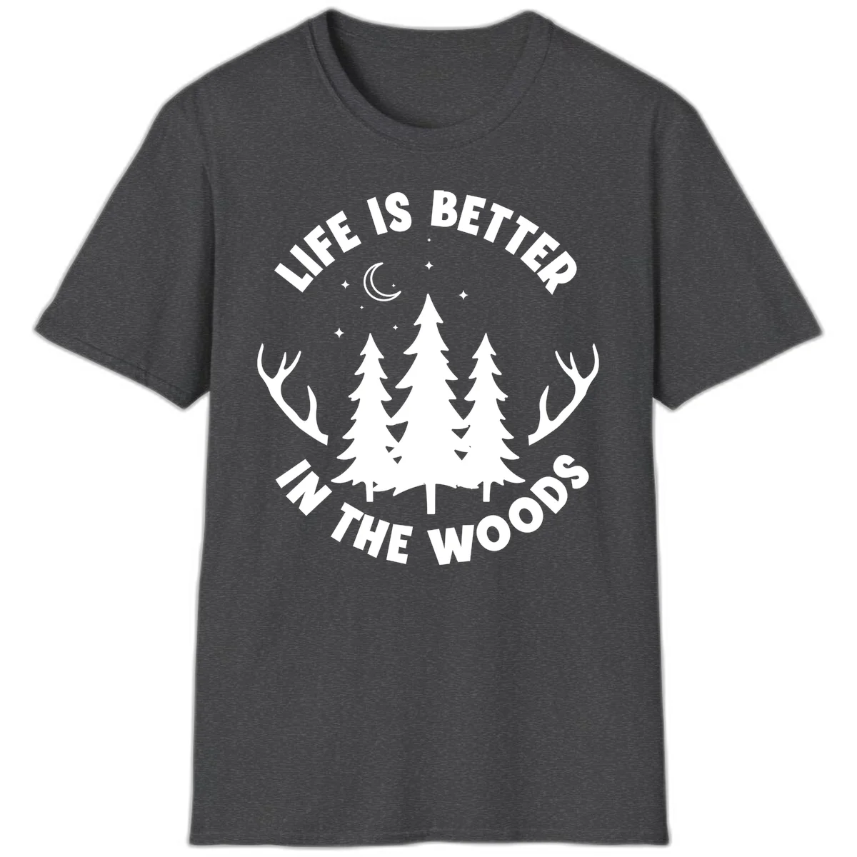 Life is better in the woods design with pine trees, deer antlers, moon and stars on gray background in Dark Heather
