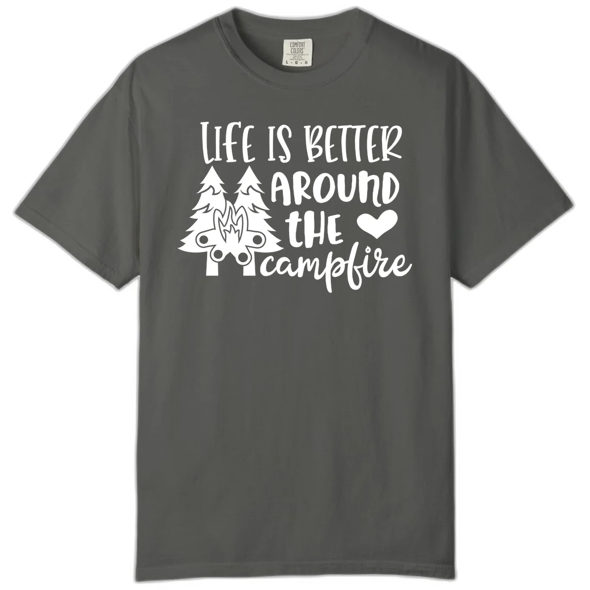 Hand-lettered design with pine trees, campfire, and heart reading 'Life Is Better Around The Campfire' on gray background in Pepper