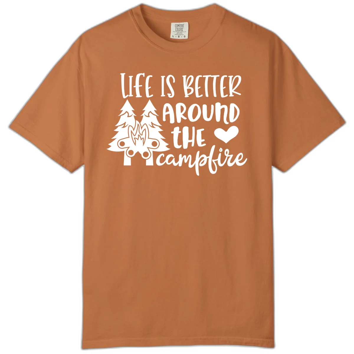 Hand-lettered design with pine trees, campfire, and heart reading 'Life Is Better Around The Campfire' on gray background in Yam
