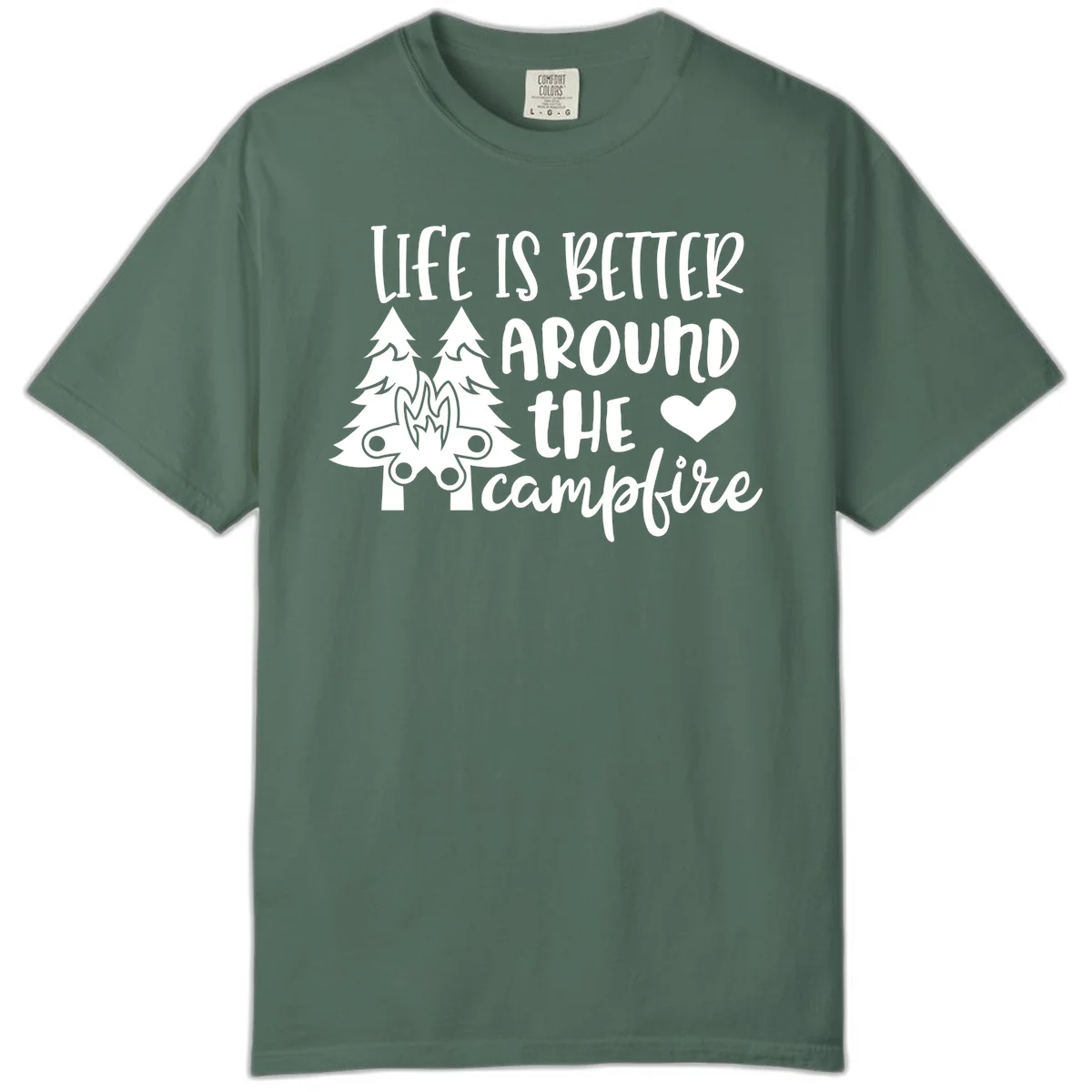 Hand-lettered design with pine trees, campfire, and heart reading 'Life Is Better Around The Campfire' on gray background in Blue Spruce