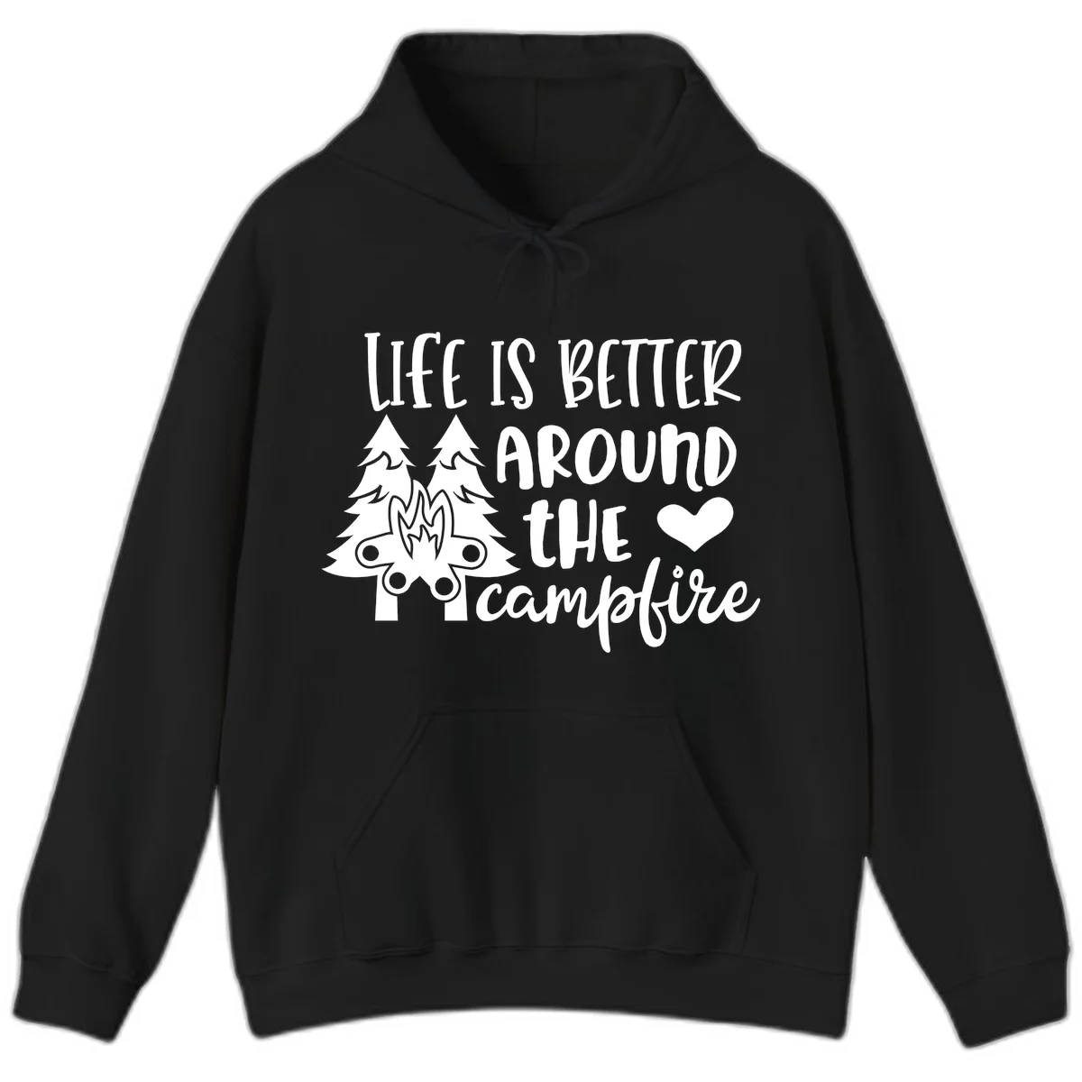 Hand-lettered design with pine trees, campfire, and heart reading 'Life Is Better Around The Campfire' on gray background in Black