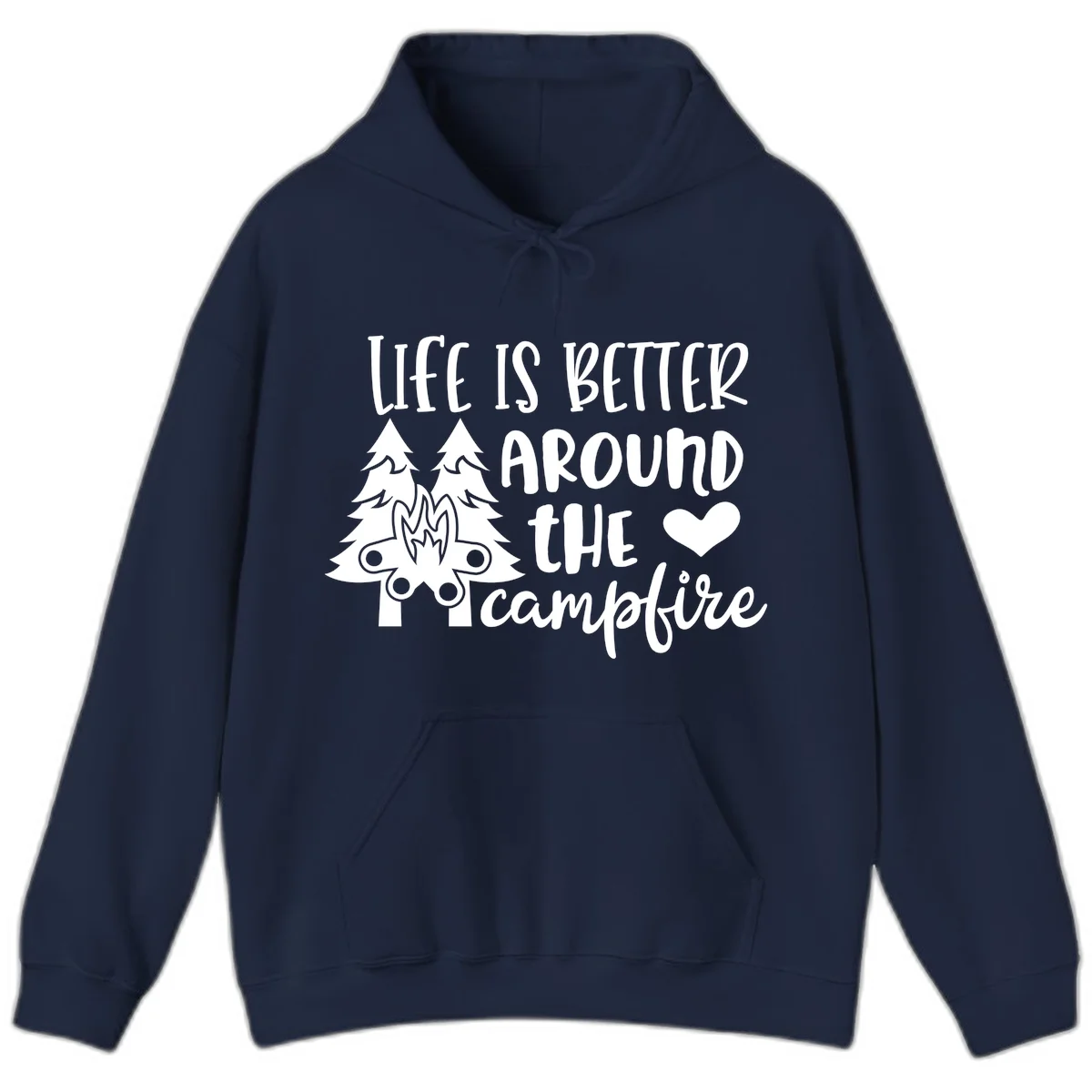 Hand-lettered design with pine trees, campfire, and heart reading 'Life Is Better Around The Campfire' on gray background in Navy