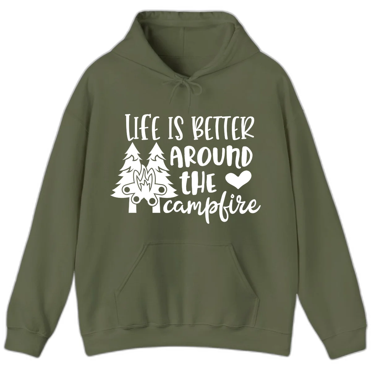 Hand-lettered design with pine trees, campfire, and heart reading 'Life Is Better Around The Campfire' on gray background in Military Green