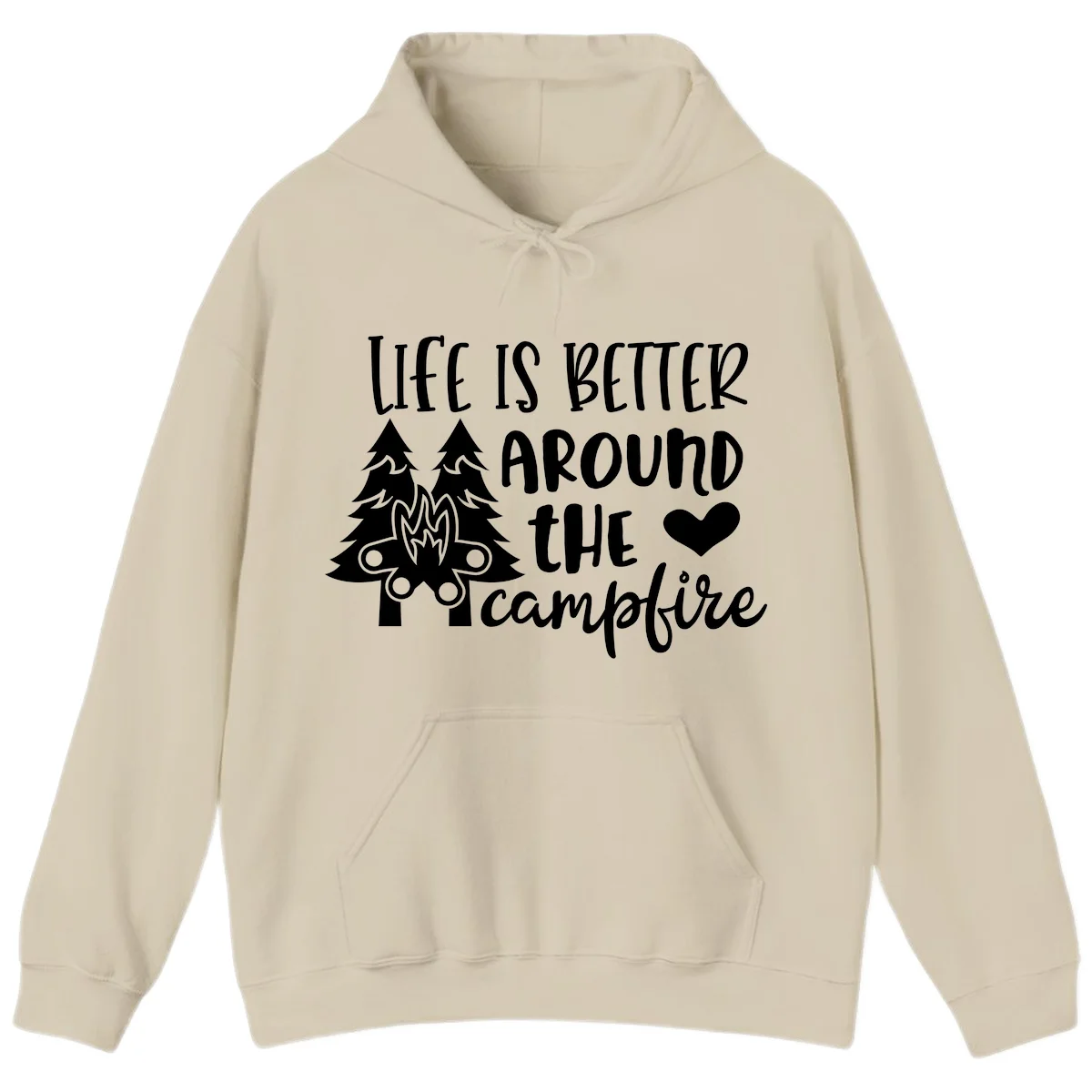 Hand-lettered design with pine trees, campfire, and heart reading 'Life Is Better Around The Campfire' on gray background in Sand