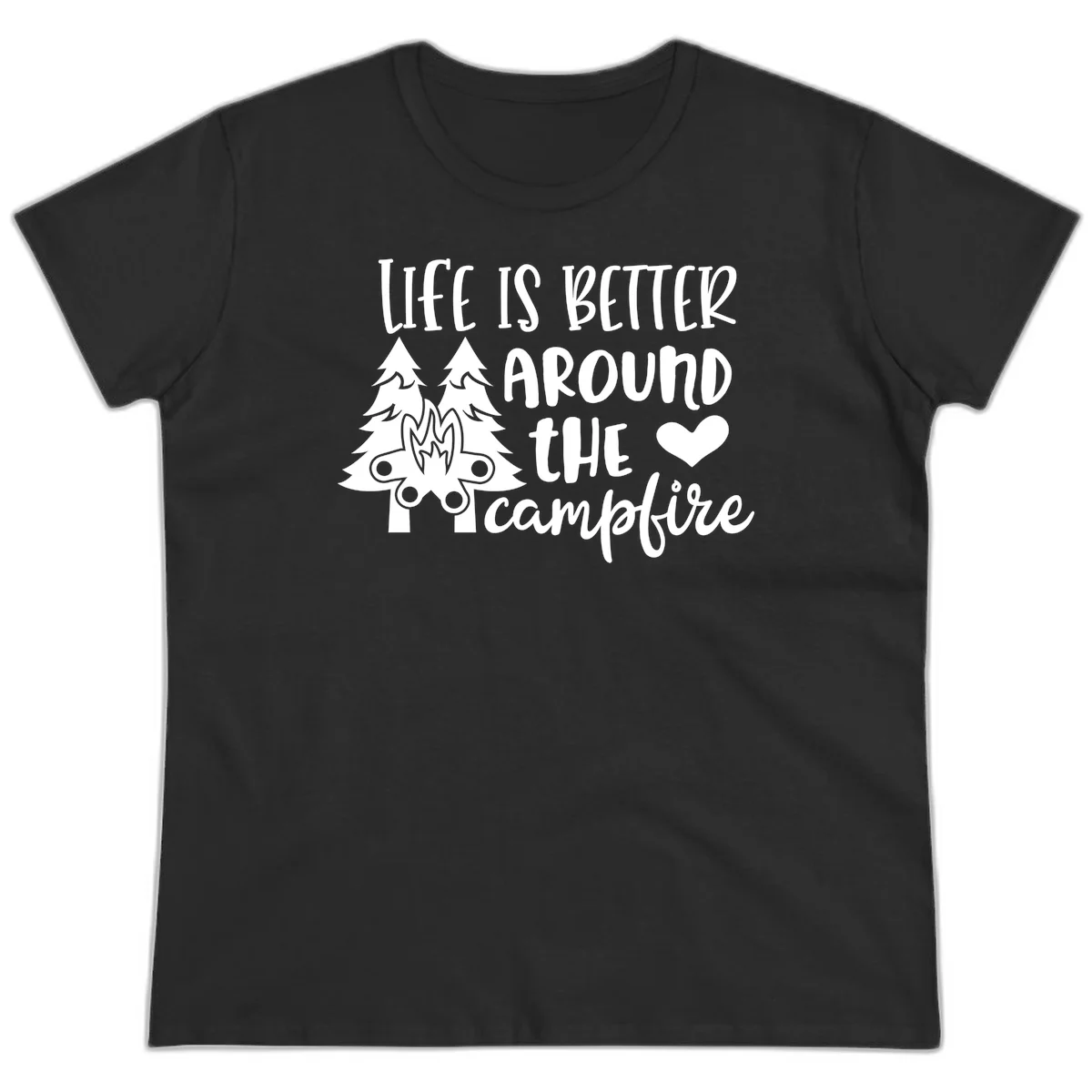 Hand-lettered design with pine trees, campfire, and heart reading 'Life Is Better Around The Campfire' on gray background in Black