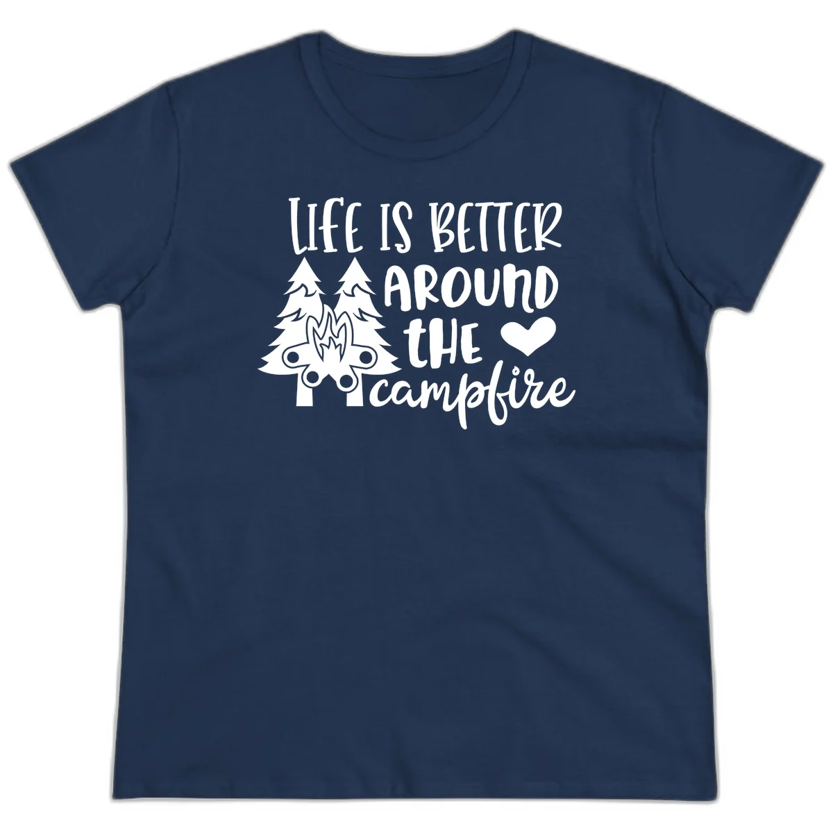 Hand-lettered design with pine trees, campfire, and heart reading 'Life Is Better Around The Campfire' on gray background in Navy