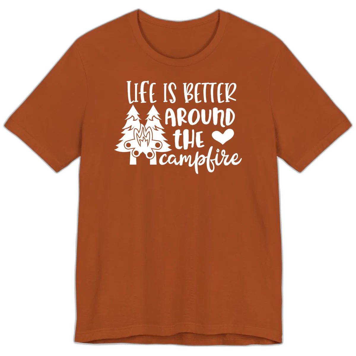 Hand-lettered design with pine trees, campfire, and heart reading 'Life Is Better Around The Campfire' on gray background in Autumn