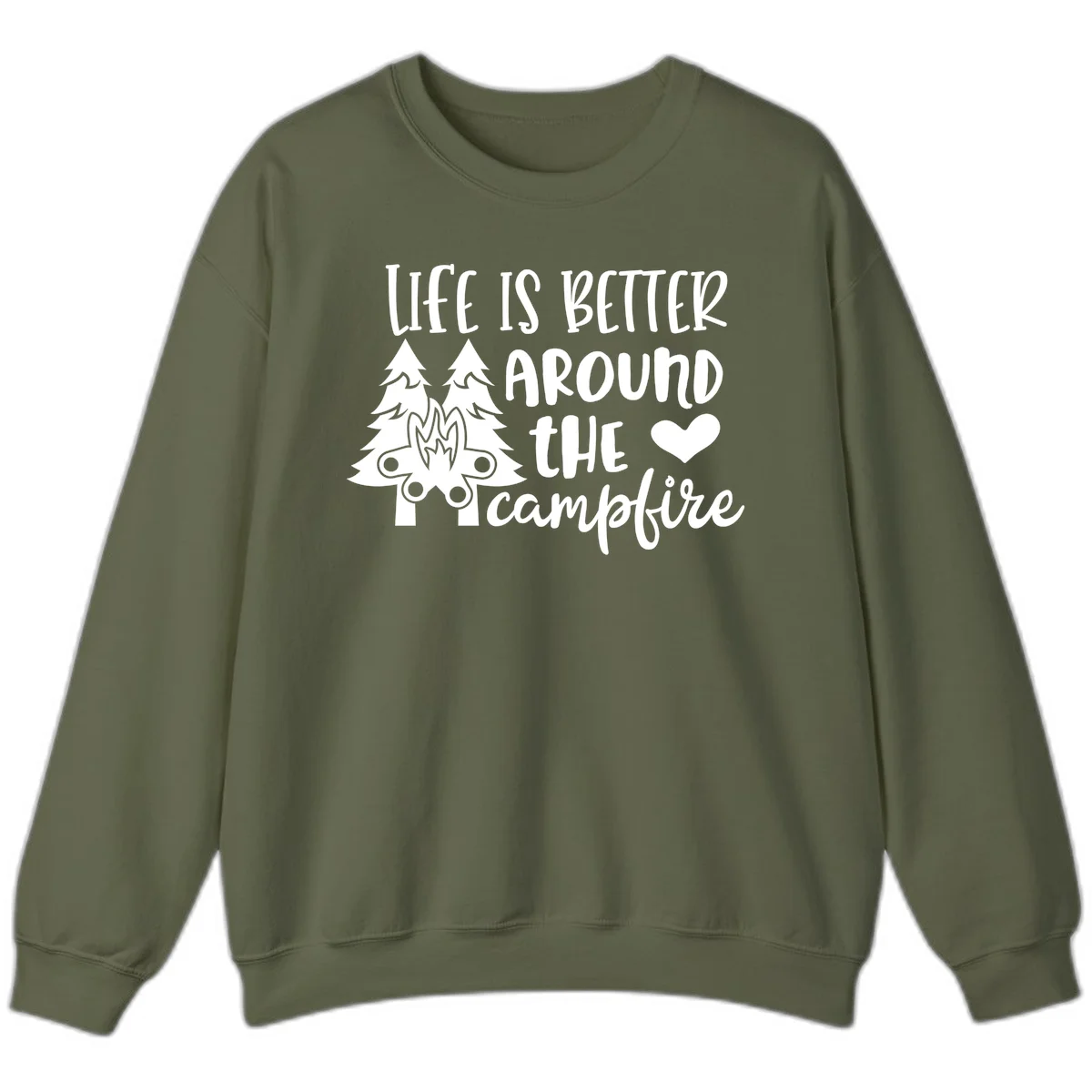 Hand-lettered design with pine trees, campfire, and heart reading 'Life Is Better Around The Campfire' on gray background in Military Green