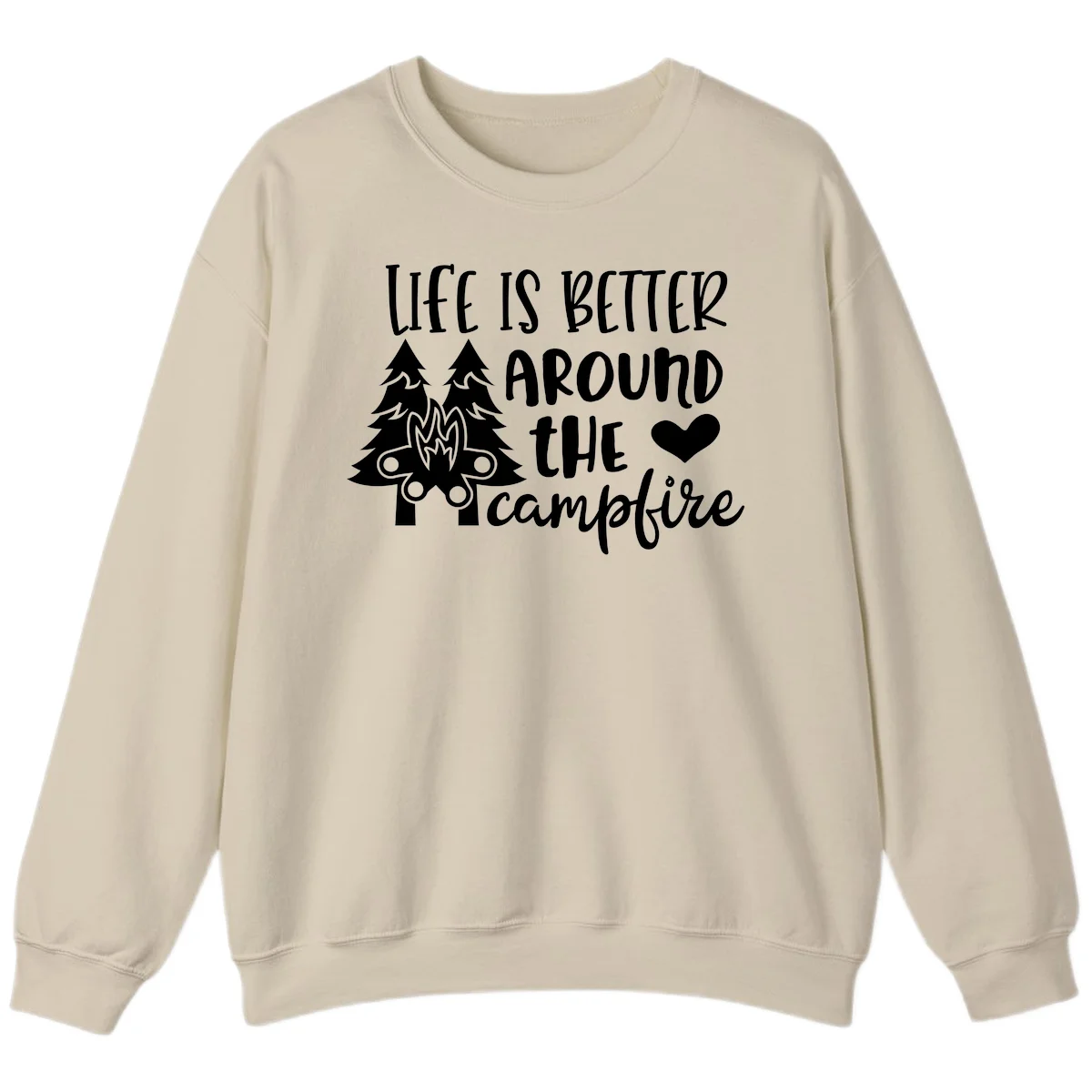 Hand-lettered design with pine trees, campfire, and heart reading 'Life Is Better Around The Campfire' on gray background in Sand