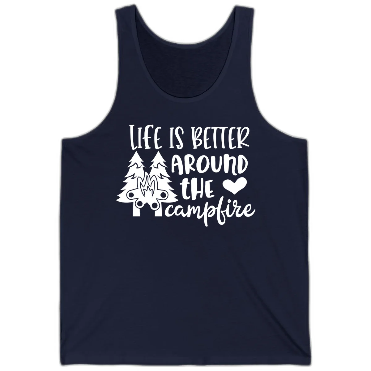 Hand-lettered design with pine trees, campfire, and heart reading 'Life Is Better Around The Campfire' on gray background in Navy