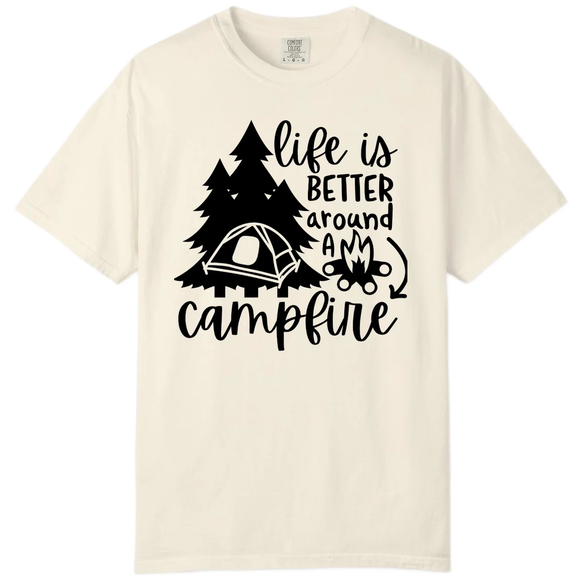 White illustration of evergreen trees, camping tent, and campfire with text reading 'life is better around a campfire' on gray background in Ivory