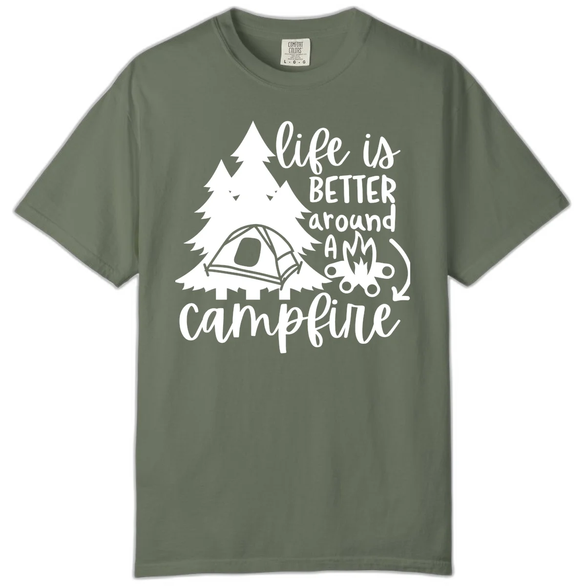 White illustration of evergreen trees, camping tent, and campfire with text reading 'life is better around a campfire' on gray background in Moss