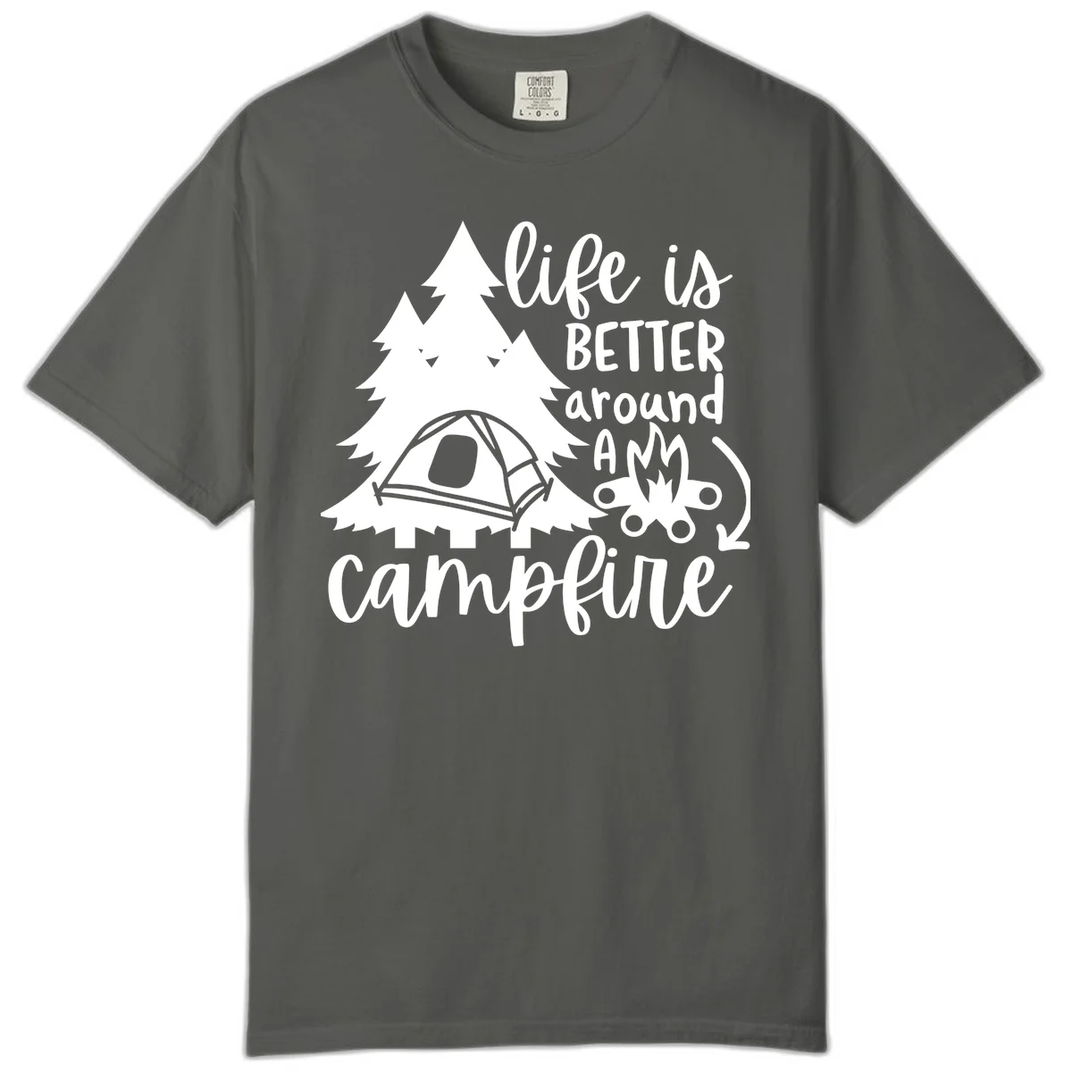 White illustration of evergreen trees, camping tent, and campfire with text reading 'life is better around a campfire' on gray background in Pepper