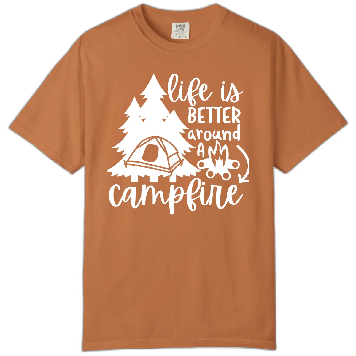 White illustration of evergreen trees, camping tent, and campfire with text reading 'life is better around a campfire' on gray background in Yam