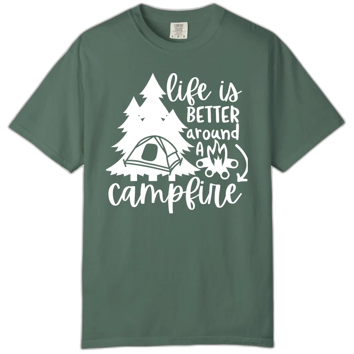 White illustration of evergreen trees, camping tent, and campfire with text reading 'life is better around a campfire' on gray background in Blue Spruce