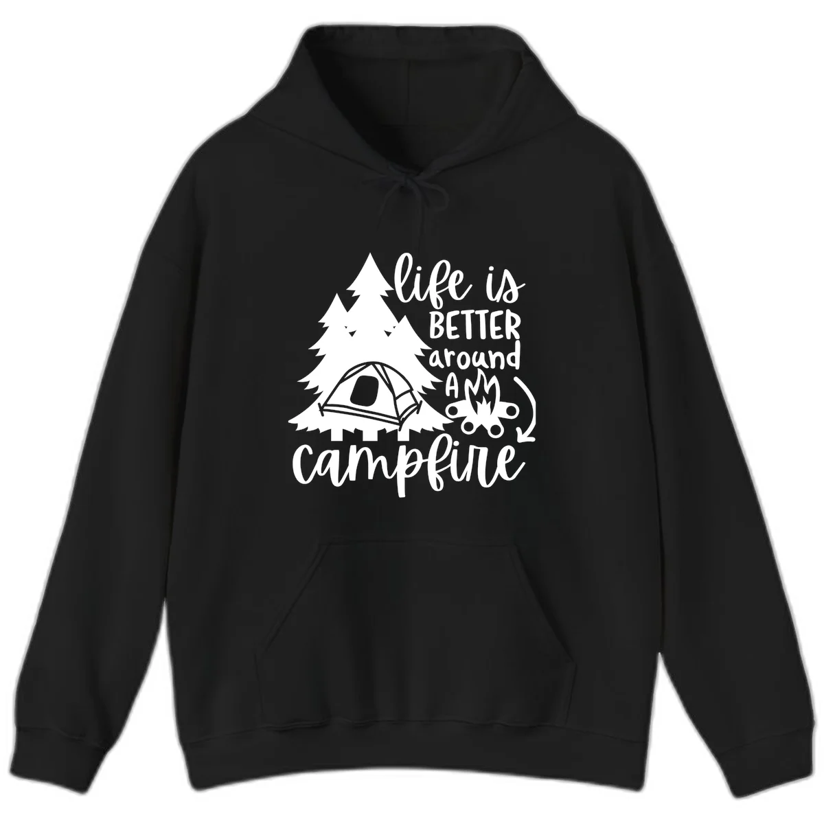 White illustration of evergreen trees, camping tent, and campfire with text reading 'life is better around a campfire' on gray background in Black