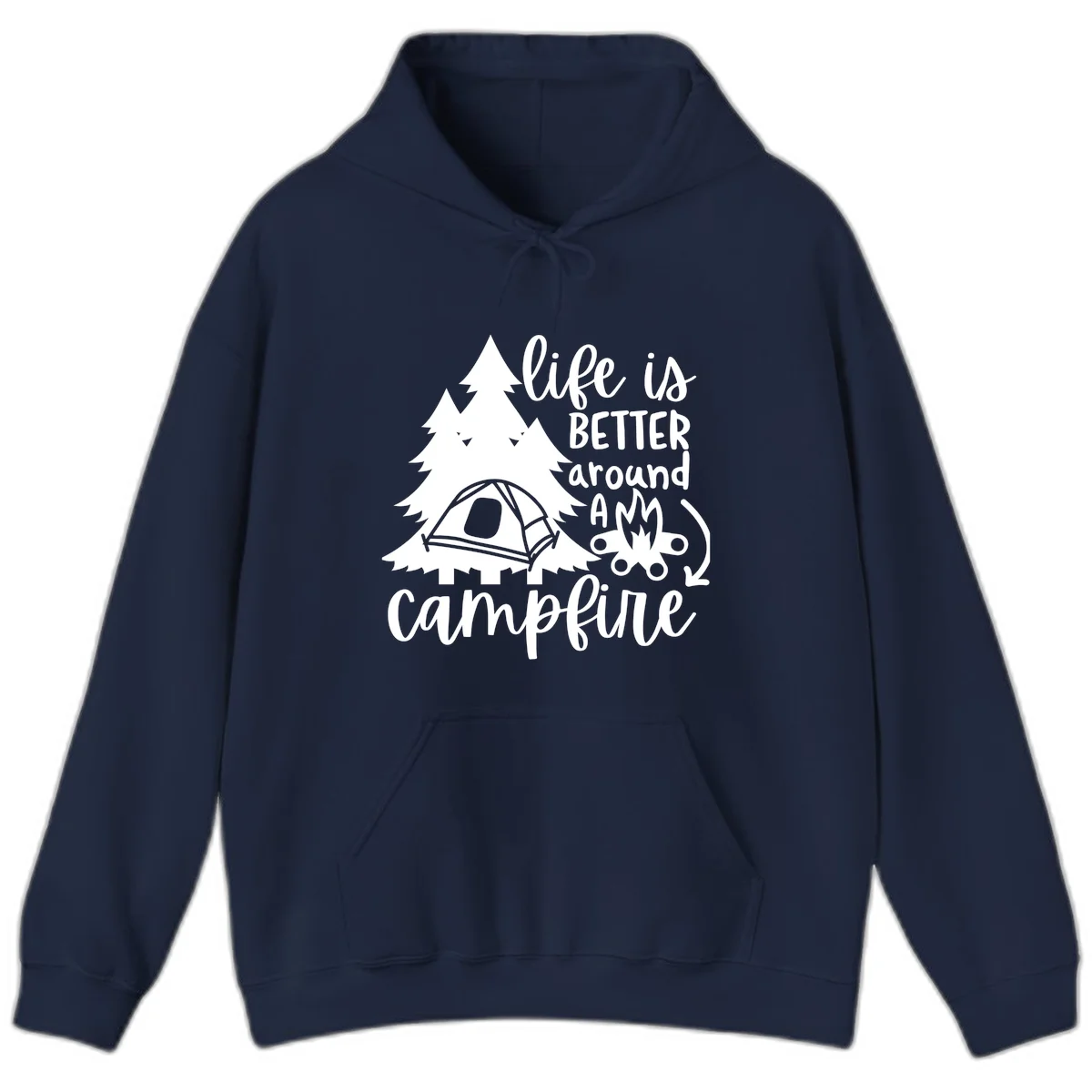 White illustration of evergreen trees, camping tent, and campfire with text reading 'life is better around a campfire' on gray background in Navy