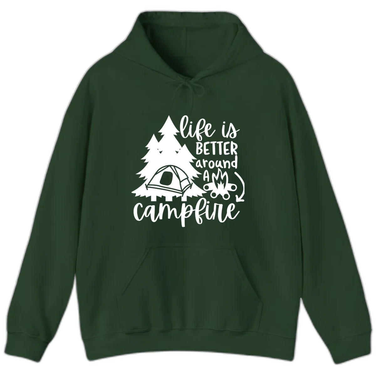 White illustration of evergreen trees, camping tent, and campfire with text reading 'life is better around a campfire' on gray background in Forest Green