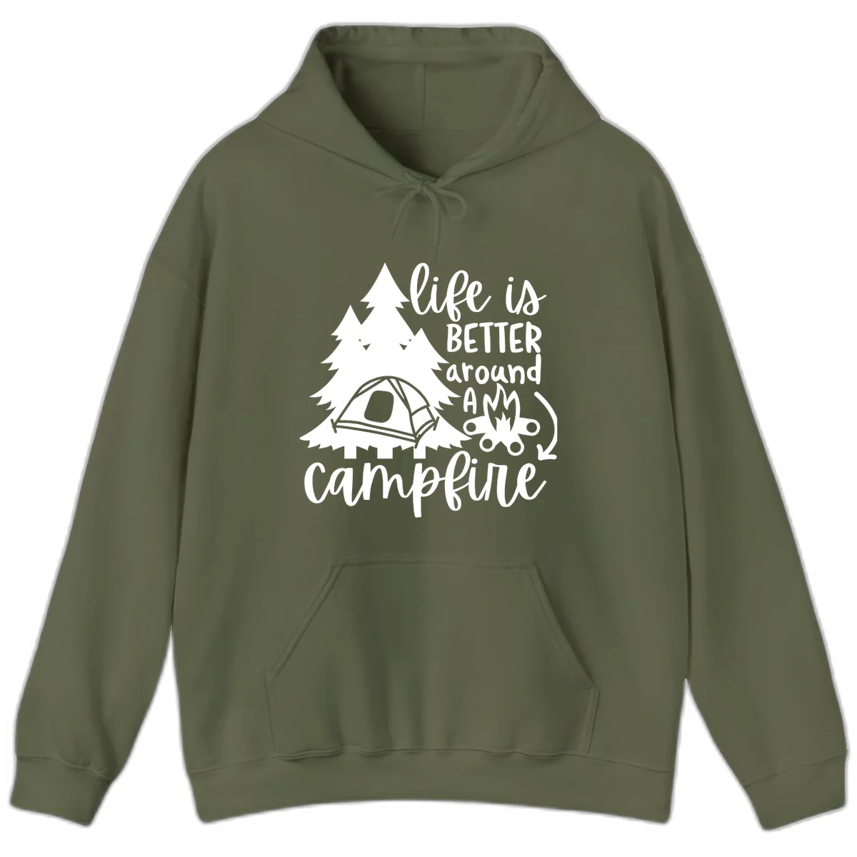 White illustration of evergreen trees, camping tent, and campfire with text reading 'life is better around a campfire' on gray background in Military Green