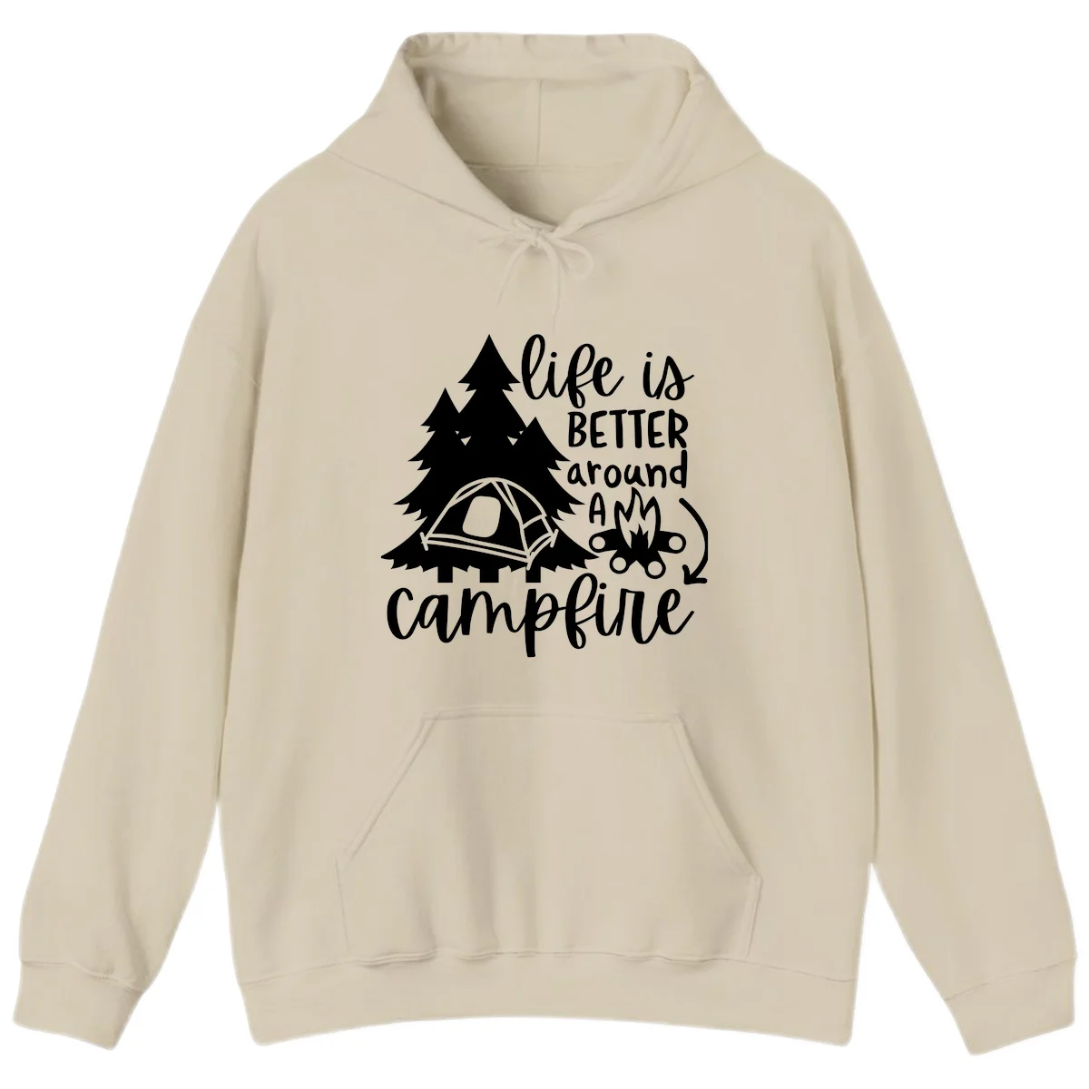 White illustration of evergreen trees, camping tent, and campfire with text reading 'life is better around a campfire' on gray background in Sand