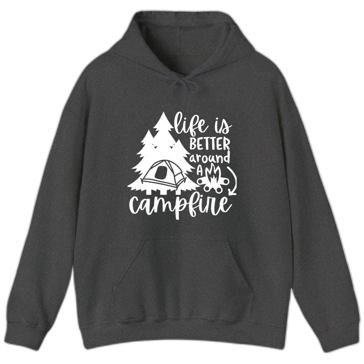 White illustration of evergreen trees, camping tent, and campfire with text reading 'life is better around a campfire' on gray background in Dark Heather