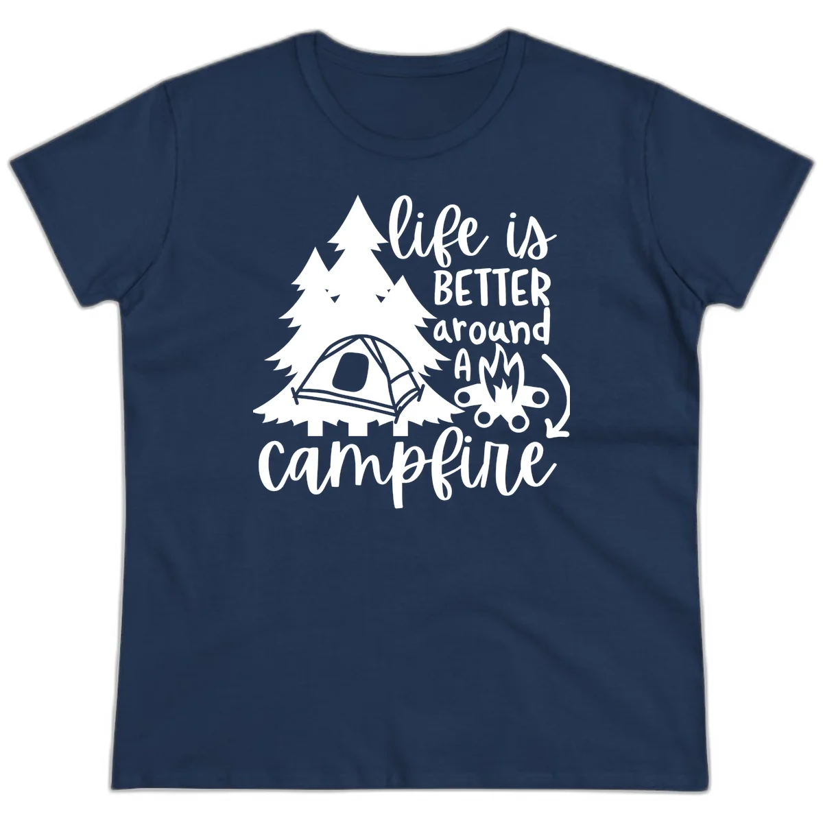 White illustration of evergreen trees, camping tent, and campfire with text reading 'life is better around a campfire' on gray background in Navy