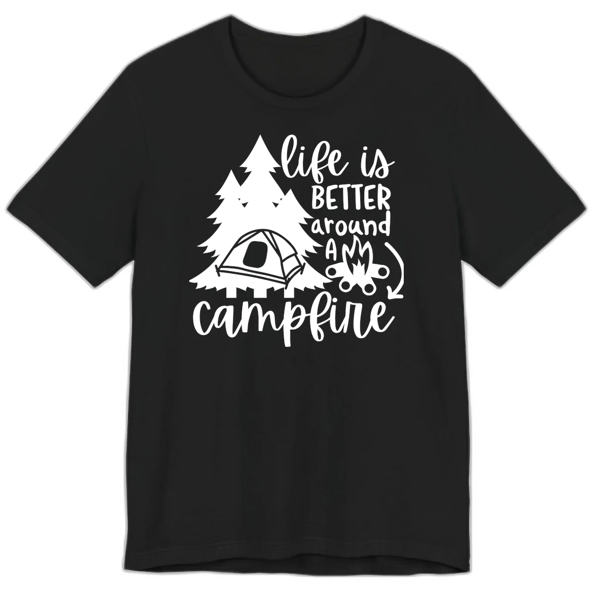 White illustration of evergreen trees, camping tent, and campfire with text reading 'life is better around a campfire' on gray background in Black