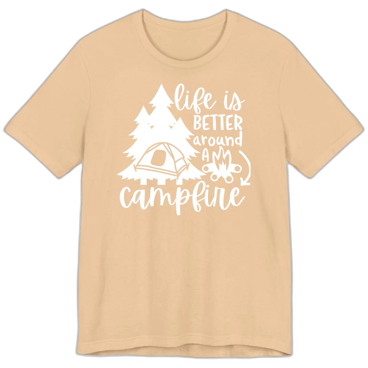 White illustration of evergreen trees, camping tent, and campfire with text reading 'life is better around a campfire' on gray background in Sand Dune