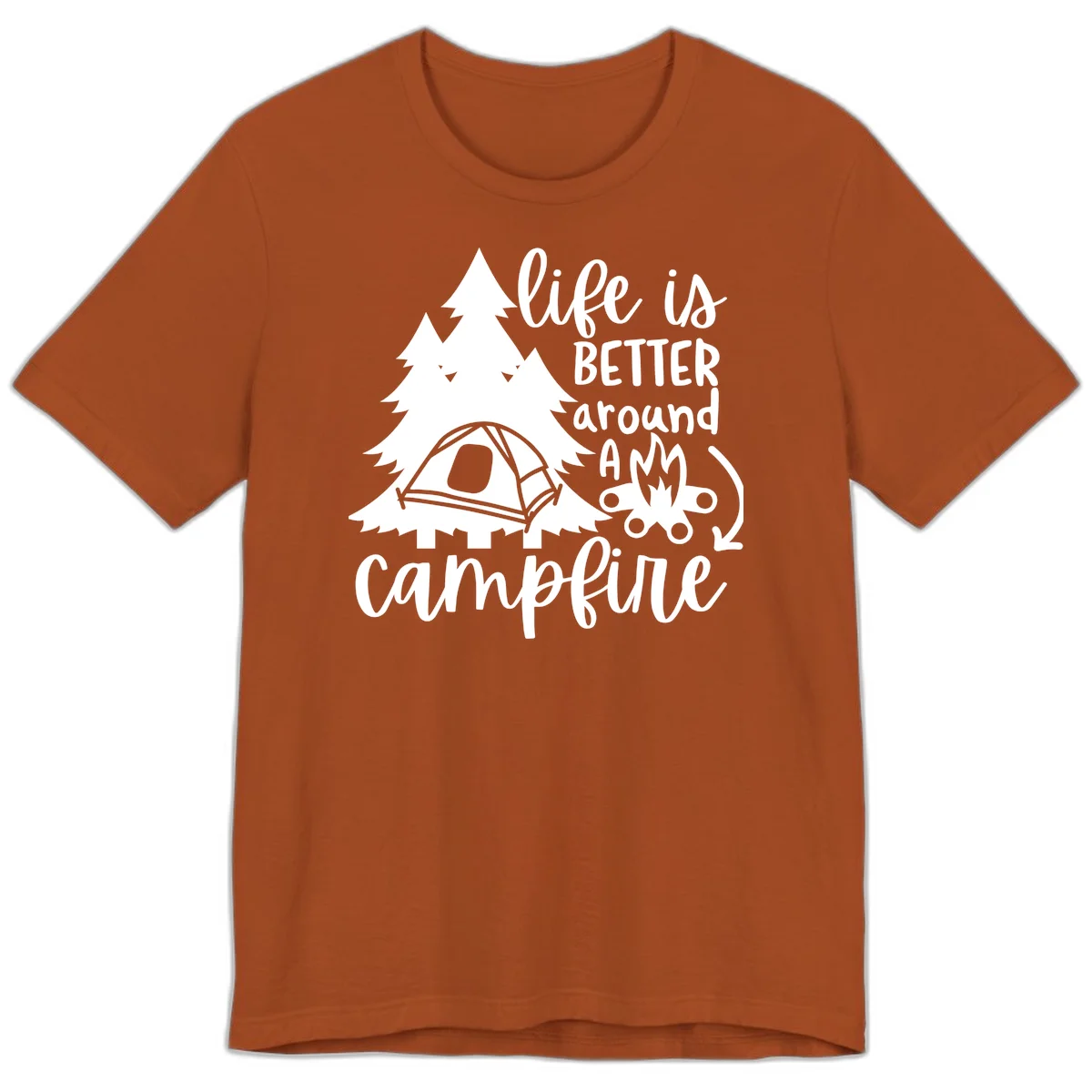 White illustration of evergreen trees, camping tent, and campfire with text reading 'life is better around a campfire' on gray background in Autumn