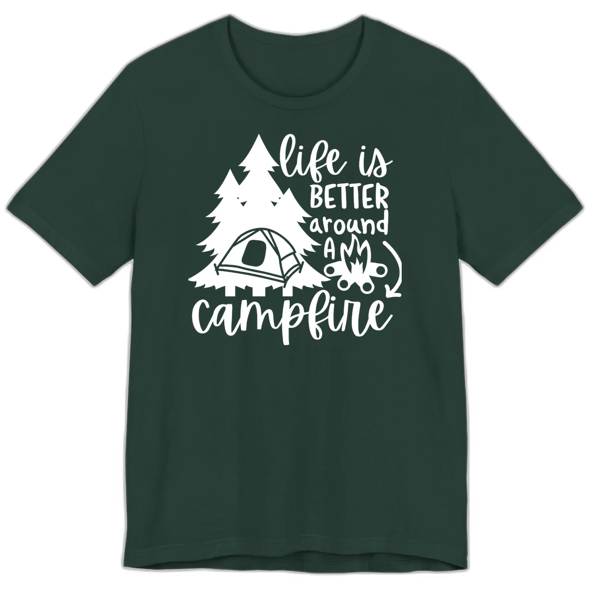 White illustration of evergreen trees, camping tent, and campfire with text reading 'life is better around a campfire' on gray background in Forest