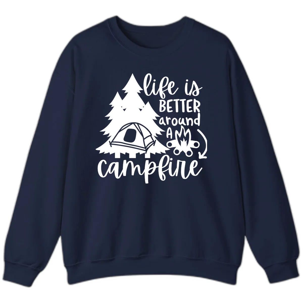 White illustration of evergreen trees, camping tent, and campfire with text reading 'life is better around a campfire' on gray background in Navy