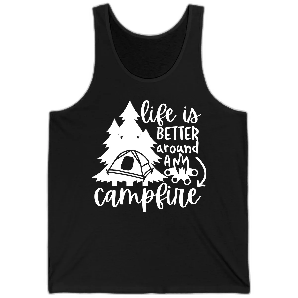 White illustration of evergreen trees, camping tent, and campfire with text reading 'life is better around a campfire' on gray background in Black