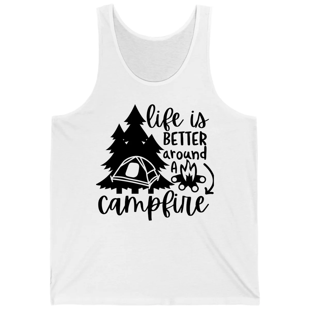 White illustration of evergreen trees, camping tent, and campfire with text reading 'life is better around a campfire' on gray background in White