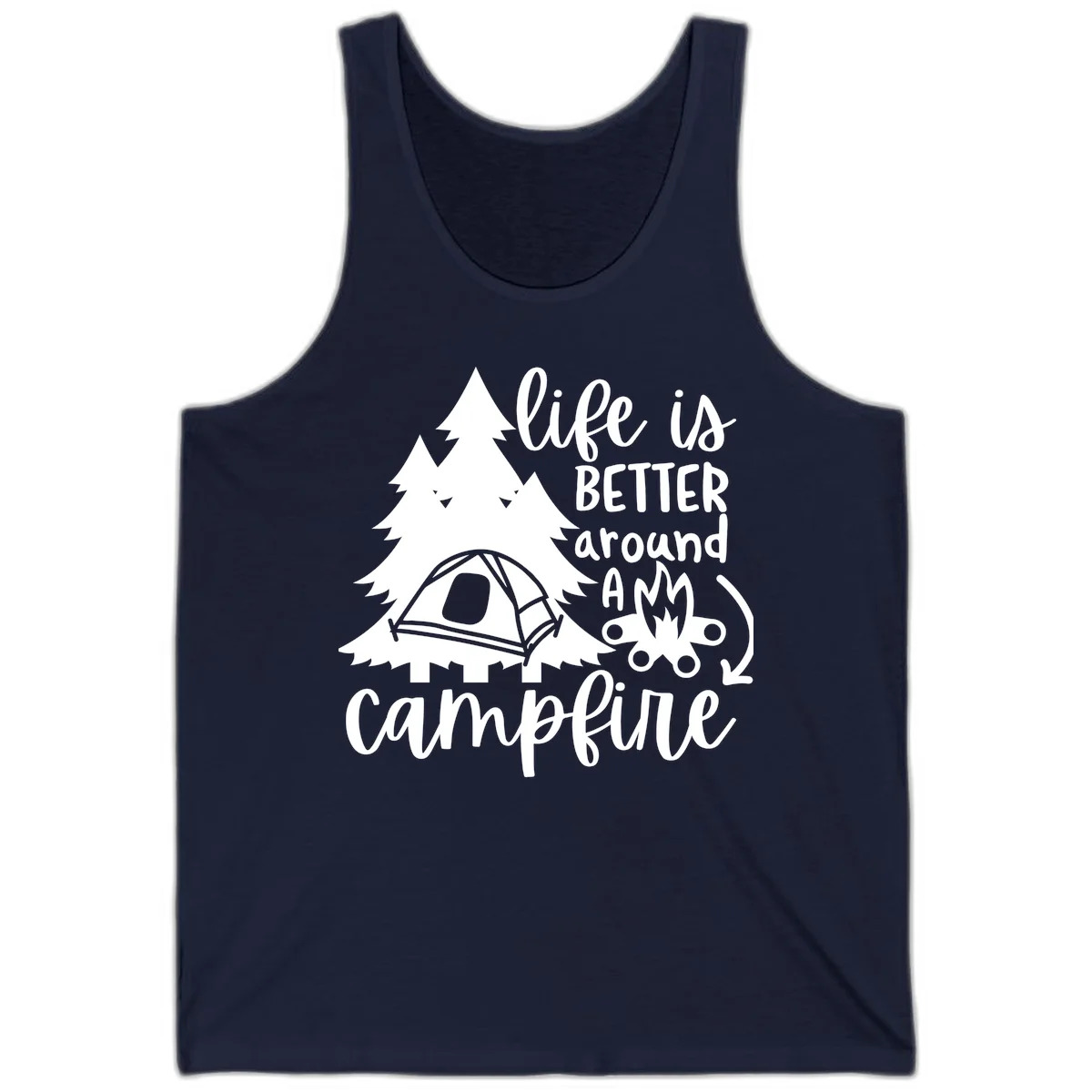 White illustration of evergreen trees, camping tent, and campfire with text reading 'life is better around a campfire' on gray background in Navy