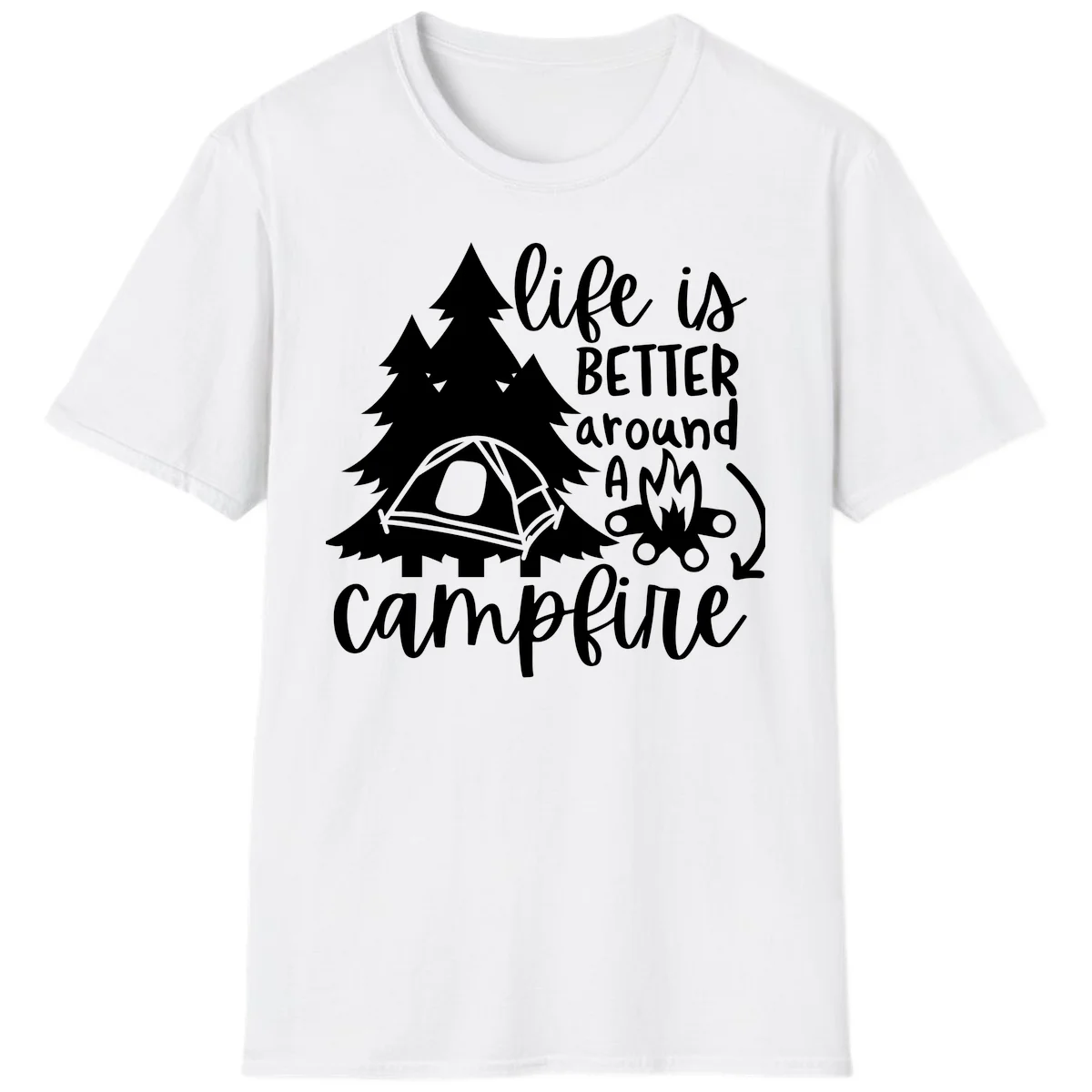 White illustration of evergreen trees, camping tent, and campfire with text reading 'life is better around a campfire' on gray background in White