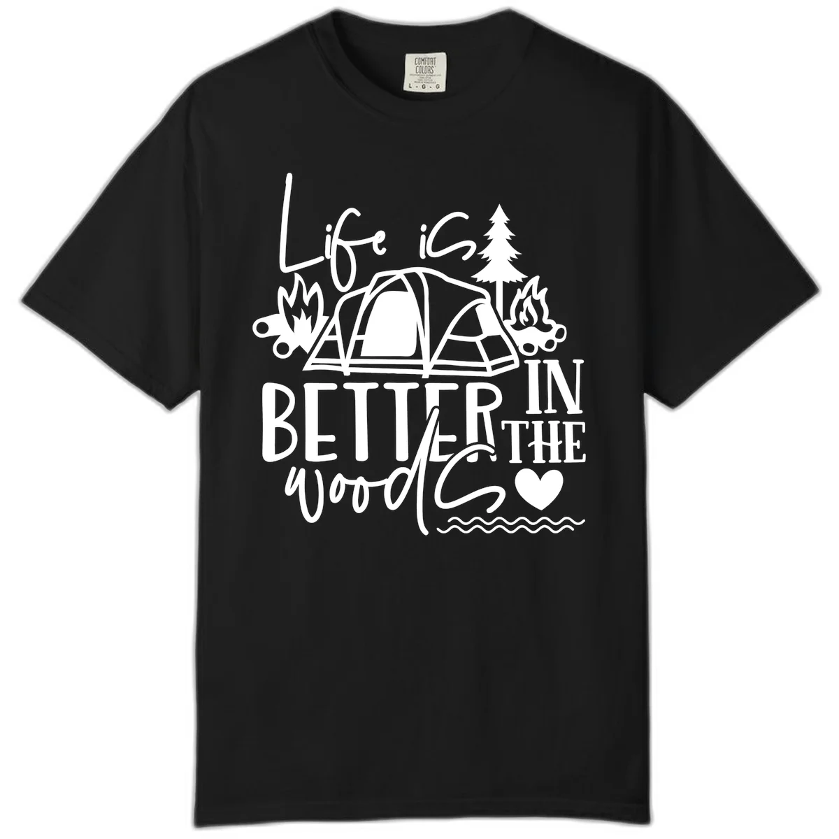 White line art design reading 'Life is better in the woods' with tent, campfires, pine tree, and heart illustrations on gray background in Black