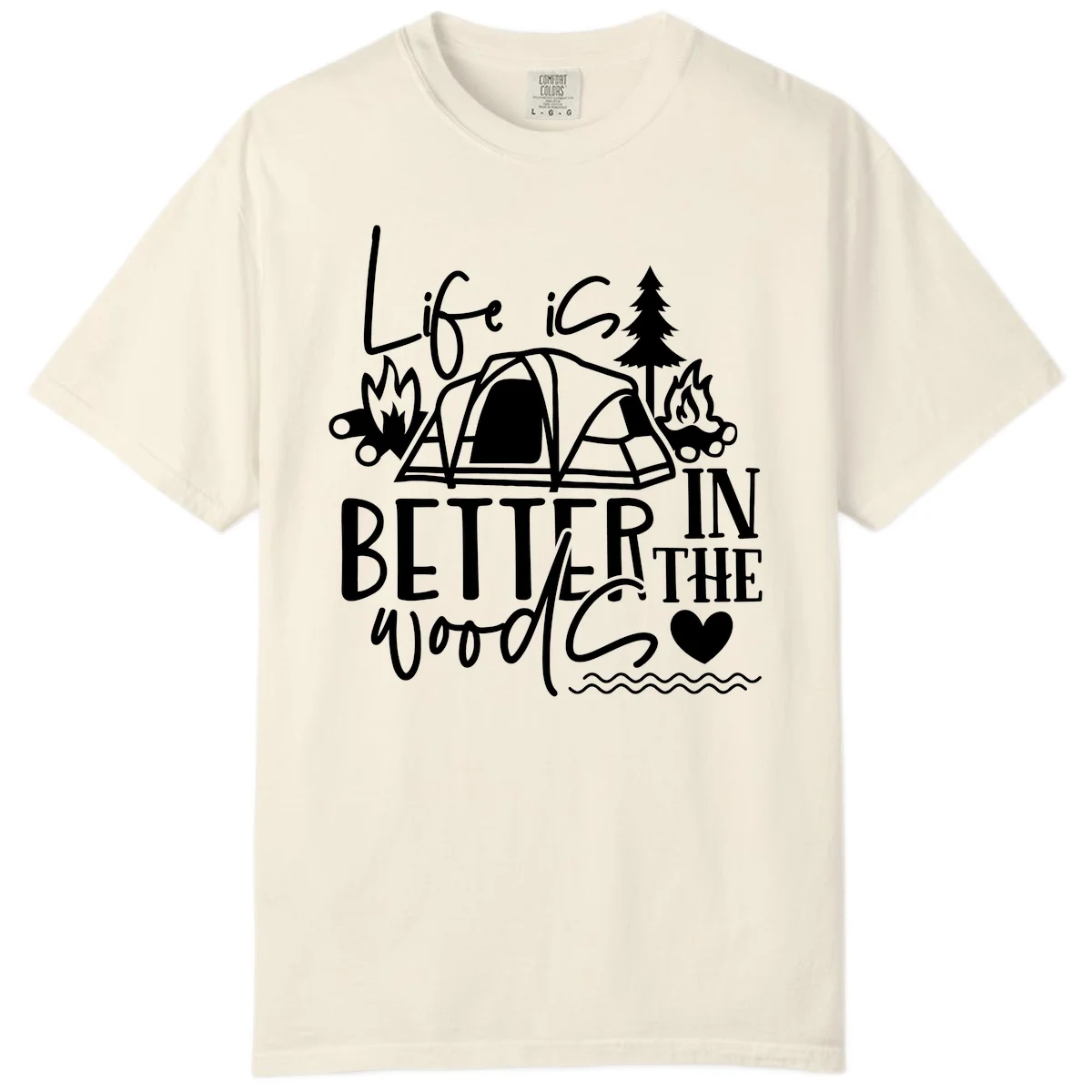 White line art design reading 'Life is better in the woods' with tent, campfires, pine tree, and heart illustrations on gray background in Ivory