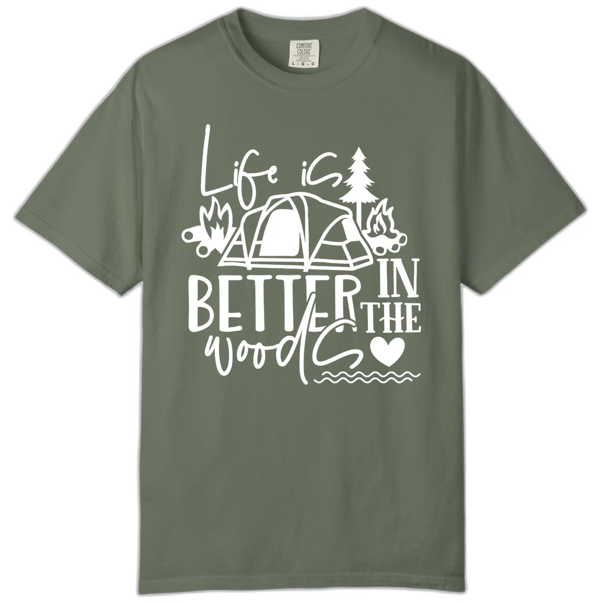 White line art design reading 'Life is better in the woods' with tent, campfires, pine tree, and heart illustrations on gray background in Moss