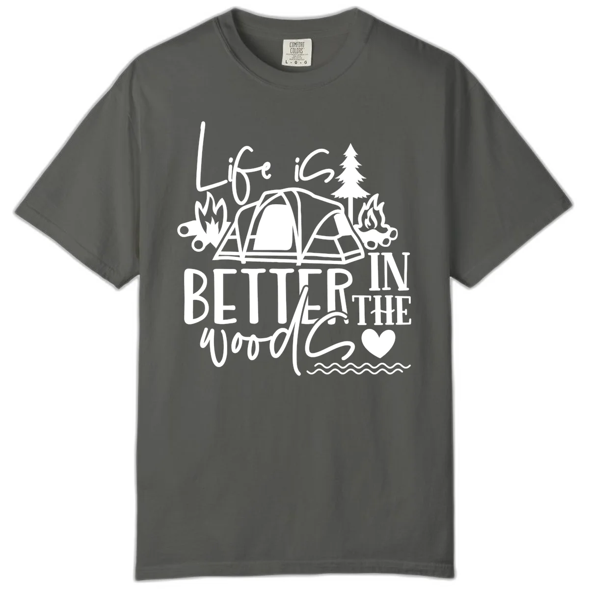 White line art design reading 'Life is better in the woods' with tent, campfires, pine tree, and heart illustrations on gray background in Pepper