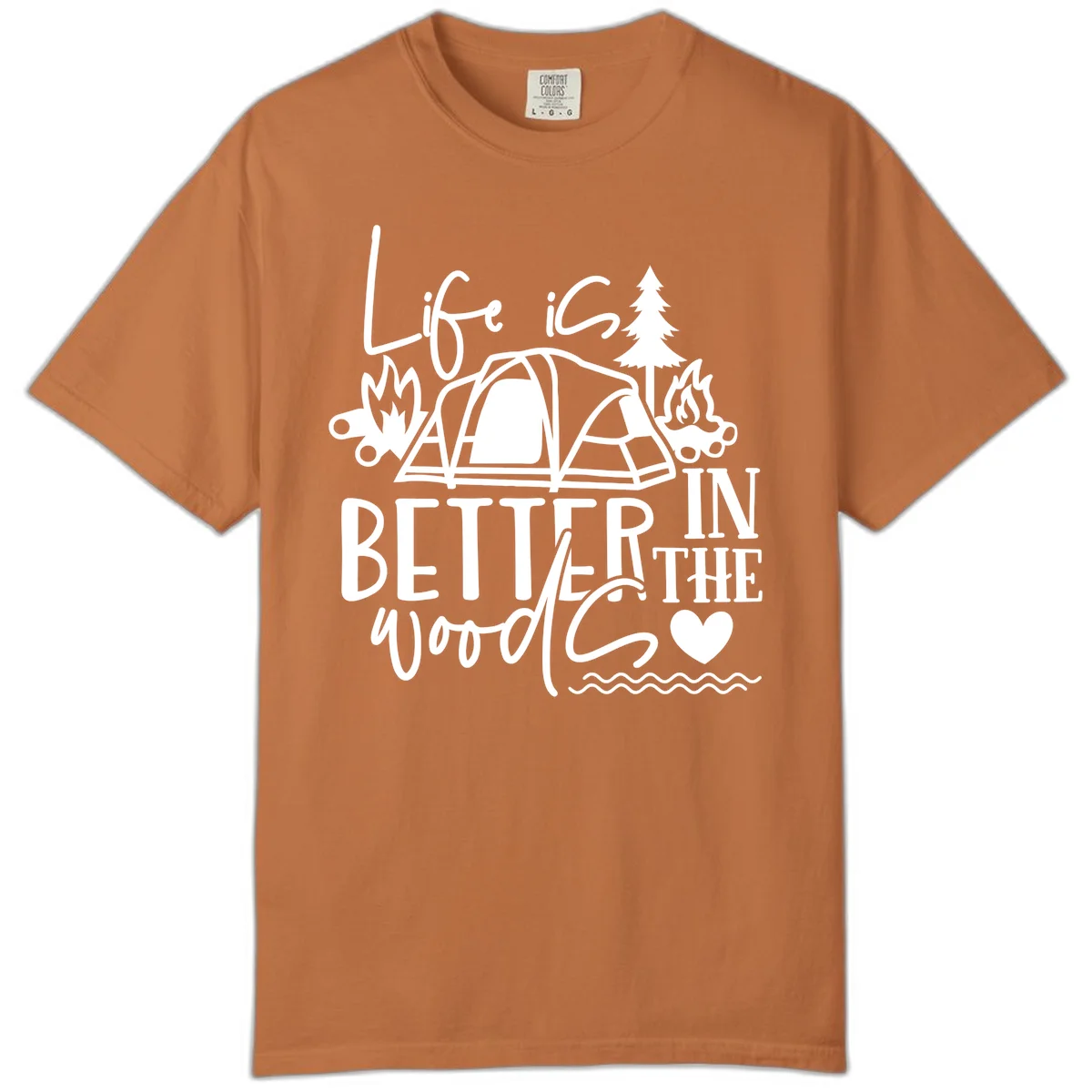 White line art design reading 'Life is better in the woods' with tent, campfires, pine tree, and heart illustrations on gray background in Yam