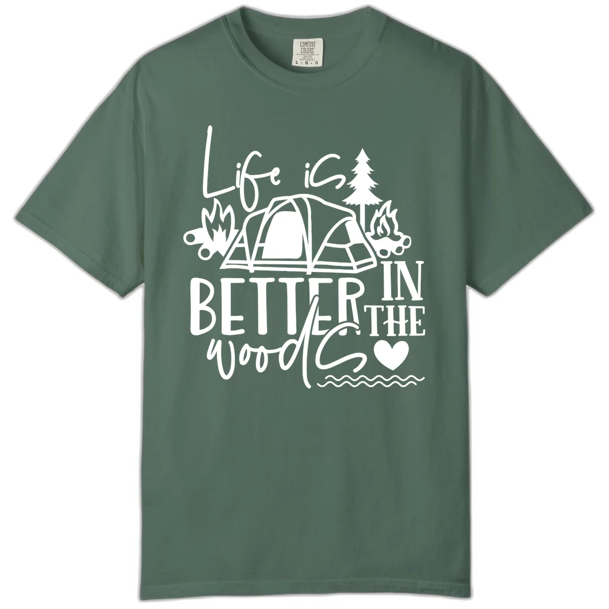 White line art design reading 'Life is better in the woods' with tent, campfires, pine tree, and heart illustrations on gray background in Blue Spruce