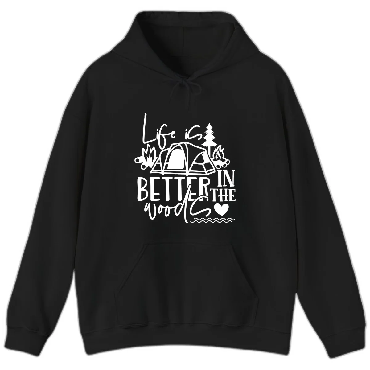 White line art design reading 'Life is better in the woods' with tent, campfires, pine tree, and heart illustrations on gray background in Black