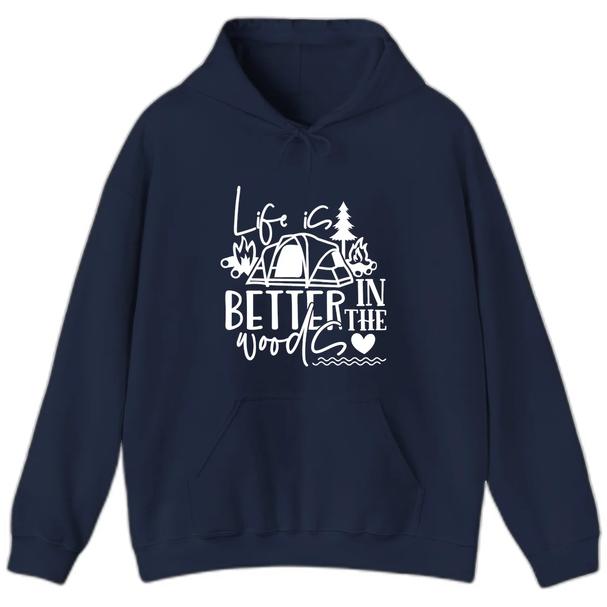 White line art design reading 'Life is better in the woods' with tent, campfires, pine tree, and heart illustrations on gray background in Navy