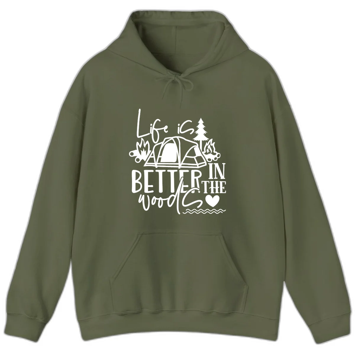 White line art design reading 'Life is better in the woods' with tent, campfires, pine tree, and heart illustrations on gray background in Military Green